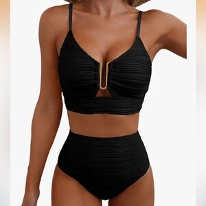 Women's High-Waist Black  Bikini Set with Gold Accent Large